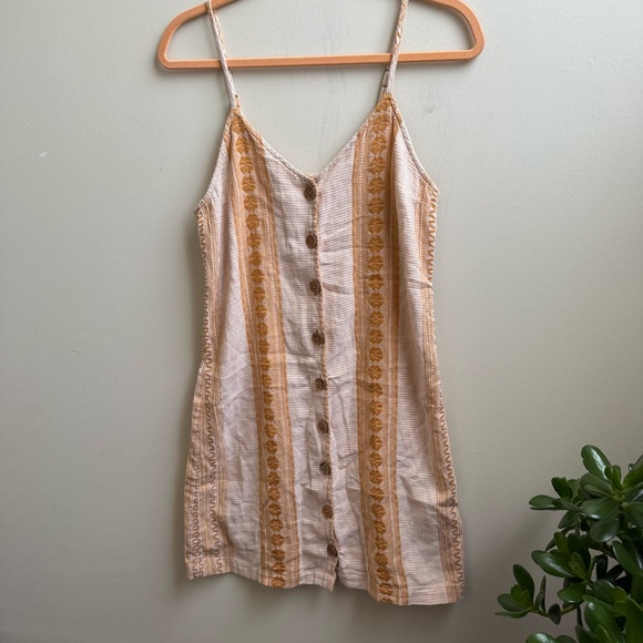 Rip Curl Alma Front Button V-Neck Stripe Mini Embroidered Dress Beige/Gold Large - Picture 2 of 7